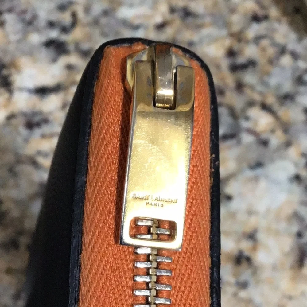 YSL Saint Laurent Black and Orange Long Zipper Wallet with dust bag. - Picture 3 of 9